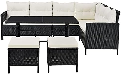 Salon De Jardin Lounge Manacor En Polyrotin Gris - Canapé, Table, Tabourets Et Coussins Pour 7 Personnes