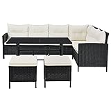 ✅ Bis 7 Personen – Komfortable Polyrattan Lounge in trendiger Rattan Optik; Gartenlounge aus großem Sofa, 2 Hocker, Tisch & Kissen für gemütliche Stunden im Garten, auf der Terrasse oder einem Balkon