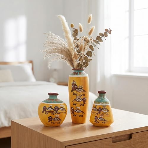 Image of Aakriti Art Creations Terracotta Vases Set of 3 | Handmade Yellow Madhubani Art Happy Elephant Flower Vases Matte Finish Decorative Vases for Home Decor & Gifting