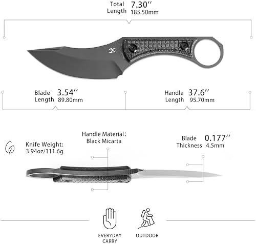 KANSEPT Niko Fixed blade Knife with Sheath, 3.54'' Grey TiCn Coated D2 Blade and Black Micarta with Frag Pattern Handle, Adjustable Kydex Sheath for EDC, Fixed Knifes for Camping Hiking Fishing G004A6