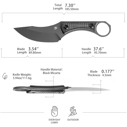 KANSEPT Niko Fixed blade Knife with Sheath, 3.54'' Grey TiCn Coated D2 Blade and Black Micarta with Frag Pattern Handle, Adjustable Kydex Sheath for EDC, Fixed Knifes for Camping Hiking Fishing G004A6