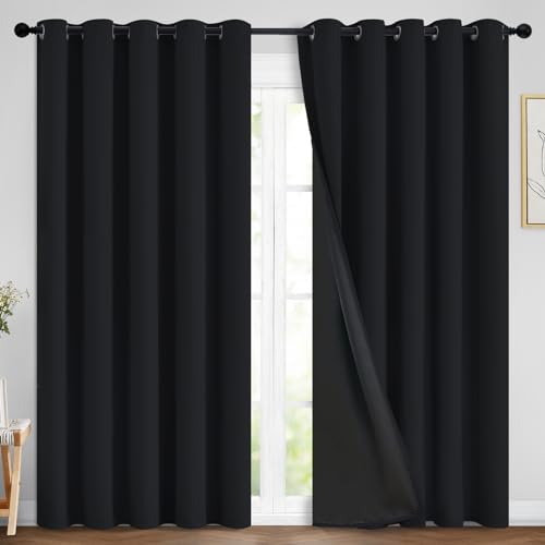 Image of Yakamok Black 100% Blackout Curtains 84 Inches Long for Bedroom 70 inch Wide | Blackout Curtain Panels for Bedroom, 2 Thick Layers Grommet Top Thermal Insulated Drapes with Black Liner for Living Room