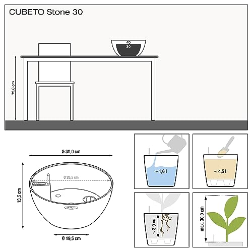 Lechuza Self Watering Plant Pot CUBETO Stone 30 Garden Flower Indoor and Outdoor Plastic Planter with Drainage Hole D30 H13 cm Quartz White - Image 4