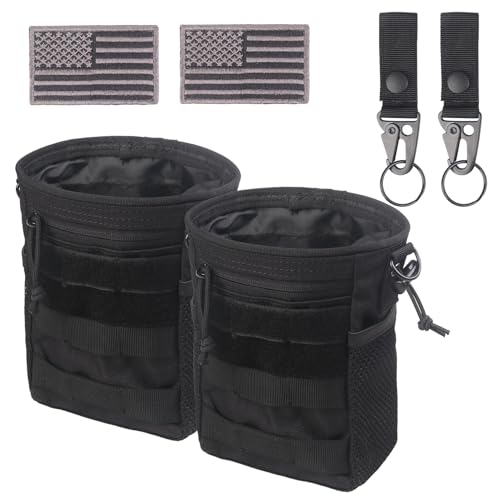 XTACER Molle Dump Pouch, Recycled Storage Drawstring Packs Magazine Bag for Range Shooting, Tactical Duty Belts, with USA Flag Patch and Belt Keychain (Black (2-Pack))