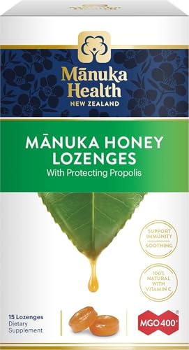 Image of Manuka Health Manuka Honey Lozenges - 15 Propolis Lozenges - Natural Throat Lozenges Infused with Raw Manuka Honey, New Zealand Propolis and Vitamin C for Immune Support