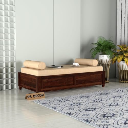 Image of PS DECOR Solid Wood Divana Cot for Home Hall || Diwan Cum Bed with Storage || 3 Seater Sofa Cum Couch || Divan Bed for Living Room || Without Pillow&Mattress (Walnut Finish)