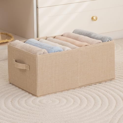 Image of HOKIPO Fabric Storage Box and Organiser for Clothes | Storage Bin for Wardrobe Fabric Organizers with Handle, Large, Pack of 1 - Beige (NEW-AR-6685-BGE)