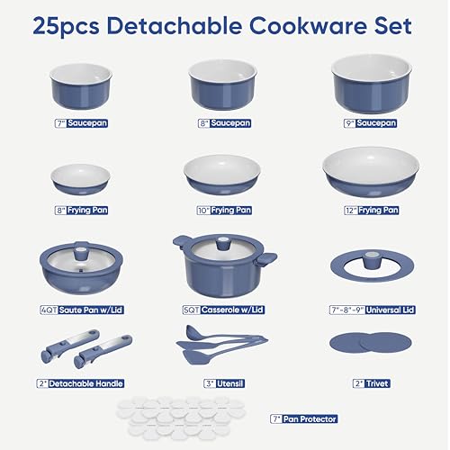 CAROTE 25pcs Ceramic Cookware Set, Pots and Pans Set Non Stick, Induction Kitchen Cookware Sets, Non Stick RV Cookware Set with Detachable Handle, Dishwasher/Oven Safe Cookware Set, Navy - Image 3