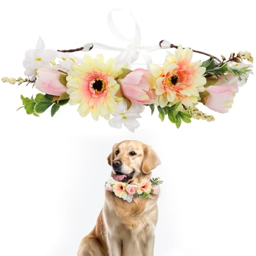 Collar de Flores para Boda de Perro, Collar Floral para Perros Bodas Lazo Guirnalda de Flores para Perros Accesorios Florales Anillo para Decoración de Boda de Perro Mascota