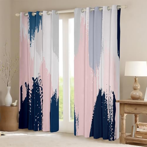 Feelyou Pink Navy Blue Graffiti Curtain Bedroom Living Room Abstract Geometric Blackout Curtain Modern Abstract Art Painting Darkening Drapes Artistic Smear Window Treatments (2 Panels, 42 x 90 Inch) - Image 2