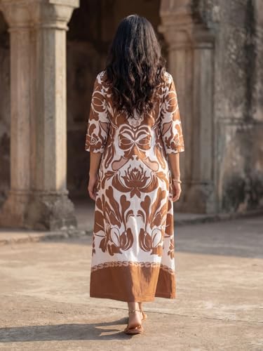 Image of HELLCAT Floral Brown Women Dress|New Trending Dress for Women|Western 3 /4 Sleeve A-line
