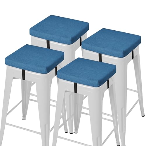 Image of AddGrace Anti-Slip Bar Stool Cushions Square Bar Stool Seat Cushions with Ties Set of 4 Small Square Chair Pads with Machine Washable Cover 12 inchX12 inchX2 inch (Blue)
