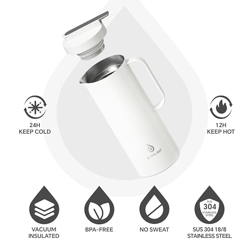 Image of IDEUS Thermal Coffee Carafe 50oz (1,400ml), Stainless Steel Double Wall Insulated Vacuum Flask, Water Jug Coffee Server and Beverage Dispenser, Heat and Cold Retention, White