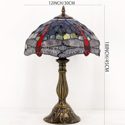 Image of WERFACTORY Tiffany Lamp Blue Red Stained Glass Dragonfly Style Bedside Table Lamp