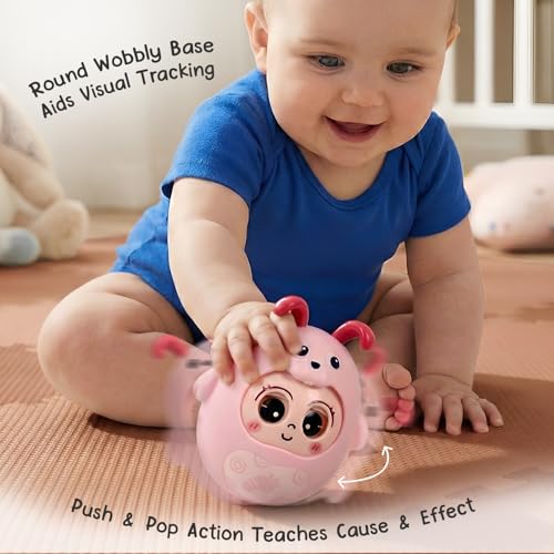 Image of Intellibaby Premium Roly Poly Rabbit Toy for Babies,Push&Shake Tumbler Wobble Doll for Infants,Bell Rattle Sound&Blinking Eyes Rabbit Doll for 8 Months+,Birthday Gift for Toddler,BIS Certified (Pink)