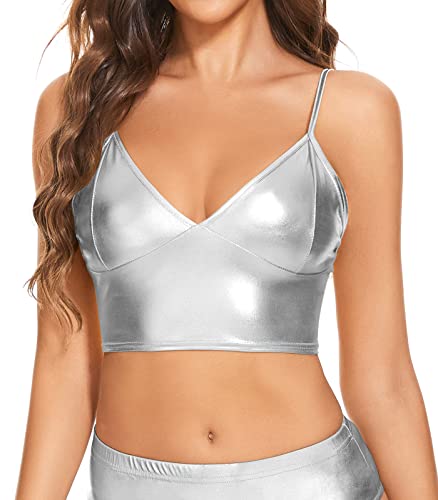 Vinaderhom Womens Metallic Crop Top Shiny Rave Bra for Dance Festivals Costumes Silver S