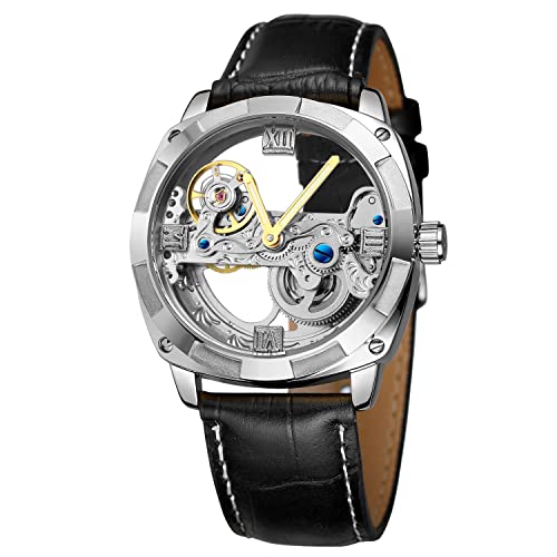 FORSINING Herren-Armbanduhr, automatisch, mechanisch, Skelett, analog, lässig, mit Lederarmband, silberfarben / schwarz, Classic