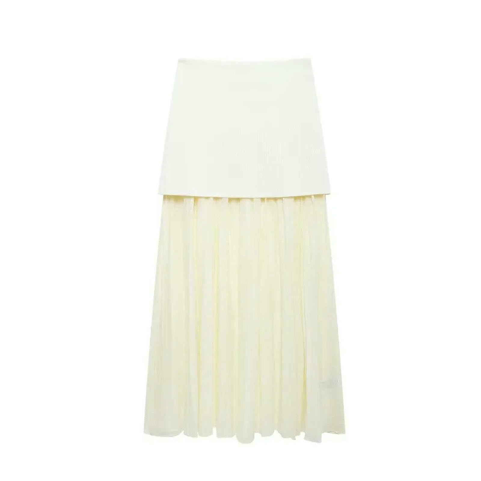 Falda Larga Mujer Falda De Punto De Punto Plisado Combinado con Cintura Elasticada De Cintura Alta Falda Midi De Cintura Alta-Beige-l