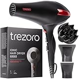TREZORO Professional Hair Dryer with Diffuser, Ionic Ceramic Tourmaline Technology, 2000W Fast Quiet Drying, With Narrow & Wide Concentrator Nozzles, 3 Heat & 2 Speed Settings, Cool Shot Button, Black