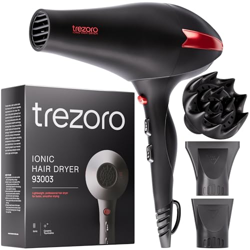 TREZORO Professional Blow Dryer – Ionic Hair Dryer 2000W with Diffuser for Salon & Personal Use – Powerful, Fast & Quiet Drying for Curly Hair, Unwanted Frizz – Design for Travel – 8.2ft Cord
