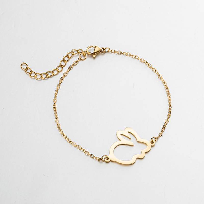 Cute Rabbit Link Chain Bracelet for Women Stainless Steel Dainty Hollow Out Bunny Charm Stackable Adjustable Thin Animal Bangle Bracelets Fashion Handmade Jewelry Birthday Easter Day Gift Wife Girlfriend Her2