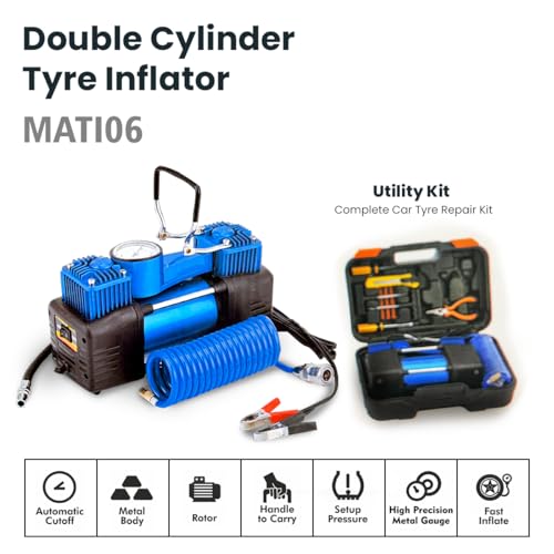 Image of MEGAAUDIO MATI06 Portable Tyre Inflator | 12V Digital Air Compressor Pump, 150 PSI | LED Light, Multiple Valve Adaptors - Car, Bike, Motorcycle, Sports Ball Inflatable