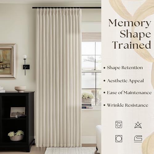 Image of Extra Wide Oatmeal Pinch Pleat Semi Sheer Linen Curtains 70x90 Inch 1 Panel