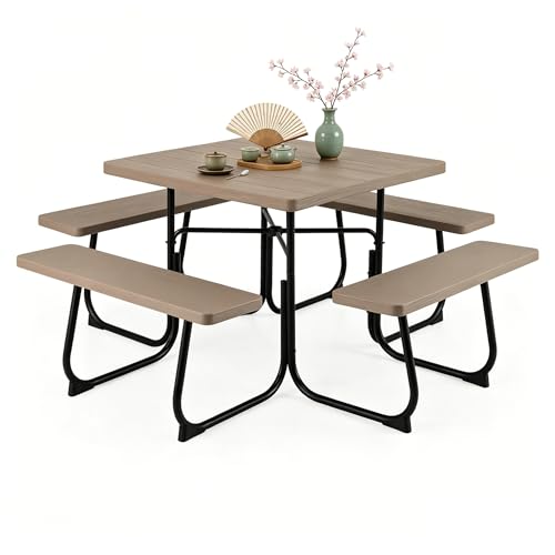 Image of Tangkula 8 Person Picnic Table, Outdoor Square Picnic Table with 4 Built-in Benches, Umbrella Hole, Metal Frame & HDPE Tabletop, Outside Table and Bench Set for Backyard, 2300lbs Weight Capacity
