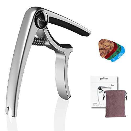 Rosen Cejilla de guitarra plateada 3 en 1, juego de púas de metal para guitarra acústica, guitarras...