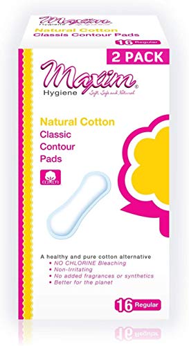 Maxim Natural Cotton Maxi Pads, Thicker More Absorbent, 32ct, No Chlorine/Dioxin/SAP, Biodegradable Daytime Maxi Pad for Women, Breathable, Hypoallergenic, Classic Contour Sanitary Pad, 2 Packs of 16