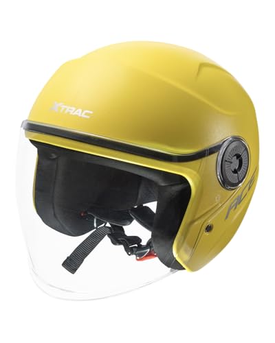 Image of Xtrac Ace ISI Certified Open Face Helmet for Men & Women | Half Face Bike Helmet with Scratch-Resistant Clear Visor | Lightweight ABS Shell | Quick Release Buckle | Yellow - L