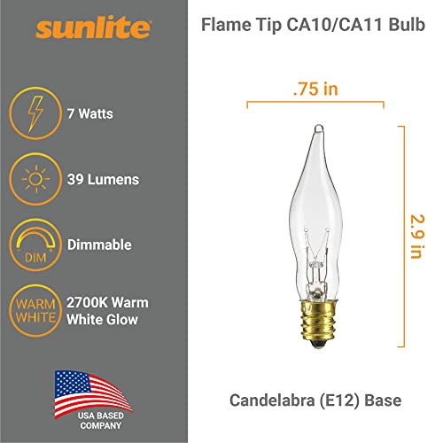 Sunlite 40342 Incandescent Petite Flame Tip Chandelier Light Bulb, 7 Watts, Candelabra Base (E12), Dimmable, For Chandeliers, Sconces, Fixtures, 24 Count #TOP1
