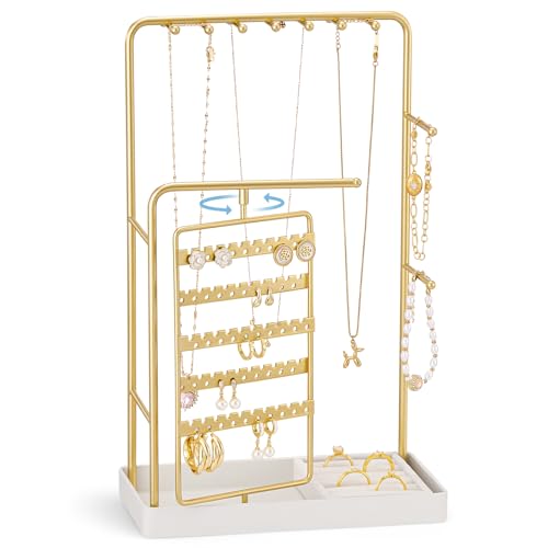ProCase Jewelry Stand Holder Organizer, Jewelry Display Storage with Ring Tray, No-Assembly Needed, Rotating Earring Bracelet Necklace Holder, Christmas Gifts Room Dorm Decor for Teen Girls -Gold