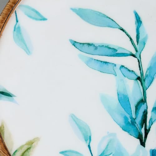 Image of SAAGA Round Wooden Cake Stand | 10 x 4.25 Inch Printed Mango Wood Cake Display Stand for Cakes, Pizza, Desserts & Pastries | White & Aquamarine Decorative Serving Stand for Dining & Entertaining