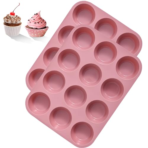BASVII Conjunto de 2 moldes de silicone para 12 madalenas, bandejas para assar madalenas, muffin com revestimento antiaderente para uffins, Cupcake, 29,2 x 22 x 2,8 cm, vermelho (rosa), D25000