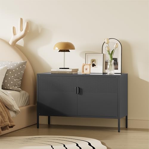 Image of Metal Storage Cabinet,2 Door TV Stand, Metal Mesh Accent Cabinet