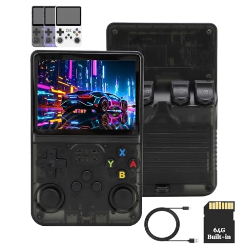 R36S Handheld-Spielekonsole, Tragbare Retro-Spielekonsole mit 3,5-Zoll-IPS-Bildschirm, 3000-mAh-Akku, 64 GB/128 GB Speicher, Keine TF-Karte Im Lieferumfang Enthalten, Schwarz (64G)