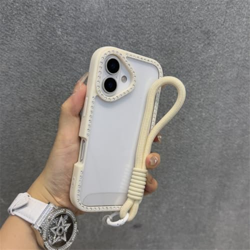 Protection antichoc iPhone 15 Pro blanc coque acrylique à pois rose et cordon