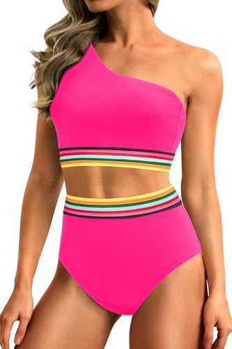 Image of Holipick Women One Shoulder High Waisted Bikini Set Two Piece Tummy Control Swimsuits Full Coverage Bathing Suit