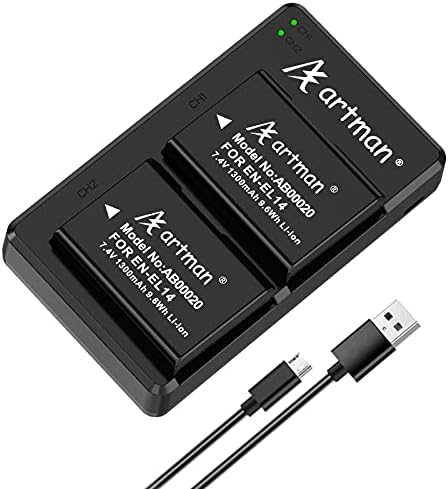 Artman EN-EL14 EN-EL14A Battery and USB Dual Charger Pack for Nikon D3500 D3400 D3300 D3200 D3100, D5600 D5500 D5300 D5200 D5100, Coolpix P7000 P7100 P7700 P7800 Cameras (2-Pack)