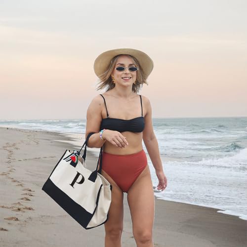 Image of Salt Earth Canvas Tote Bag for Women, Personalized Initial Monogram Tote, Beach Grocery Utility Tote for Travel & Work