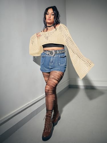 Image of Floerns Women's Plus Size Boat Neck Long Sleeve Hollow Out Crochet Cropped Sweater