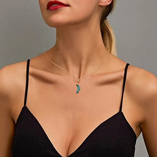 Miss Right Healing Crystal Druzy Crescent Moon Necklace For Women Teen Girls, Dainty Minimalist Bohemian Cute Chakra Geode Necklaces Aesthetic (Gold/Emerald Green Moon) #TOP2
