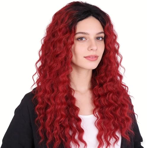 Image of GNIMEGIL Womens Long Curly Wig Vibrant Red to Black Ombre, Full Voluminous Curls, Synthetic Fiber Hairpiece for Cosplay, Halloween, Parties & Photoshoots