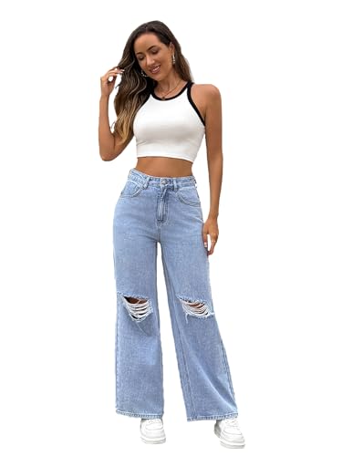 Women's Jeans Mid Waist Distressed Ripped Straight Wide Leg Denim Pants with Pockets Boyfriend Jeans2