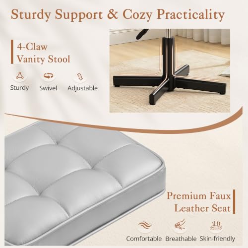 Image of LUE BONA Adjustable Vanity Stool, 15''-19.5'' Foot Rest Under Desk, 360 Swivel Vanity Chair for Makeup Room, Silver Upholstered Faux Leather Ottoman for Bathroom & Living Room, 300lbs