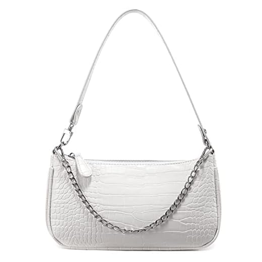Loiral Shoulder Bags for Women, Retro Classic Tote HandBag Crocodile Pattern Clutch Mini Purse with Zipper Closure, White