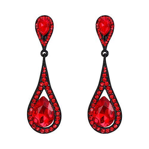 EVER FAITH Women's Austrian Crystal Elegant Dual Tear Drop Clip-on Dangle Earrings Red Black-Tone
