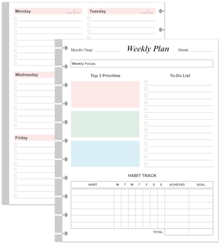 Weekly Planner Undated Refills - Letter Size 53 Sheets/106 Pages Colorful Weekly Planner for 11-Disc Discbound TUL 100 gsm White Paper Lasts 1 Year Undated 8.5 x 11