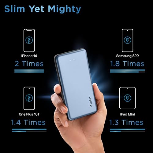 Image of URBN Power Bank 10,000mAh Ultra Slim 12W | Dual Port Type C Input /Output | BIS Certified | 4-Layer Circuit Protection | 6-Month Replacement Warranty | Made in India | Free Type C Cable - Blue